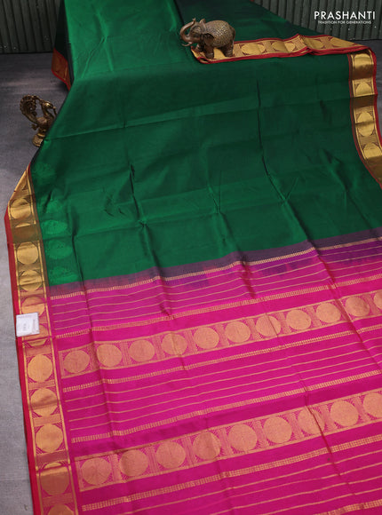Silk cotton saree green and pink with plain body and zari woven border