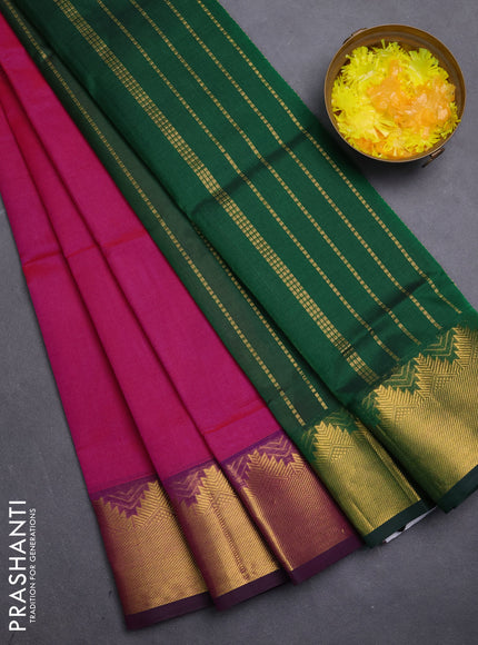 Silk cotton saree pink and green with plain body and zari woven border