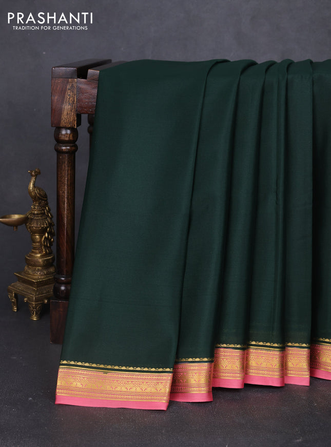 Pure mysore silk saree bottle green and pink with plain body and zari woven border