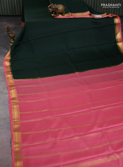 Pure mysore silk saree bottle green and pink with plain body and zari woven border