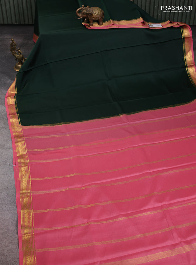 Pure mysore silk saree bottle green and pink with plain body and zari woven border