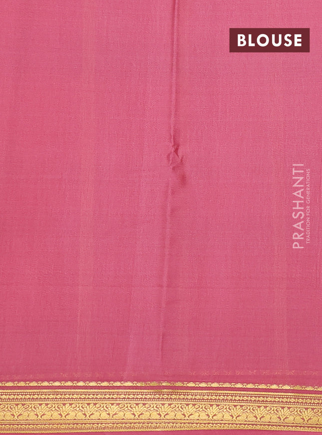 Pure mysore silk saree bottle green and pink with plain body and zari woven border
