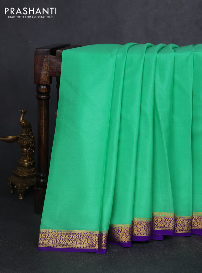 Pure mysore silk saree teal green and violet with plain body and zari woven border