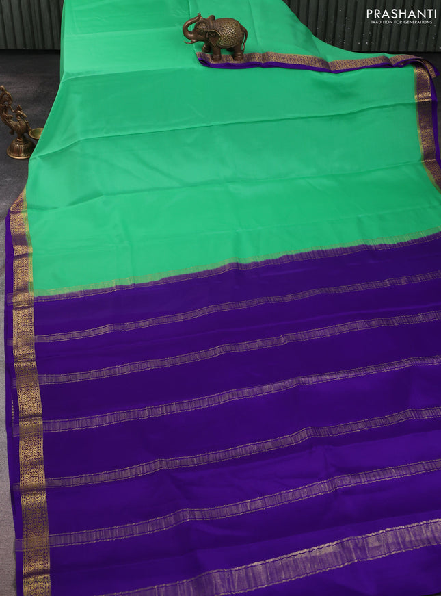 Pure mysore silk saree teal green and violet with plain body and zari woven border