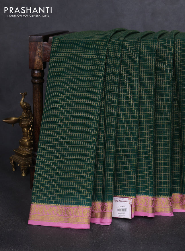 Pure mysore silk saree bottle green and light pink with allover zari woven checked pattern and zari woven border