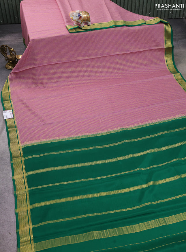 Pure mysore silk saree pastel pink and green with allover small zari woven checked pattern and zari woven border