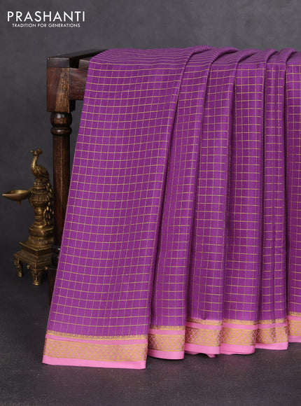 Pure mysore silk saree purple shade and light pink with allover zari woven checked pattern and zari woven border