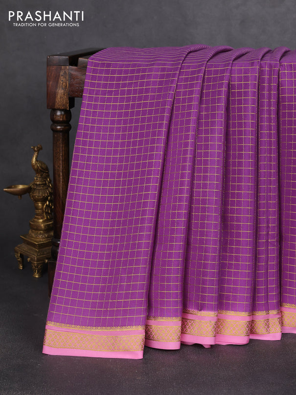 Pure mysore silk saree purple shade and light pink with allover zari woven checked pattern and zari woven border