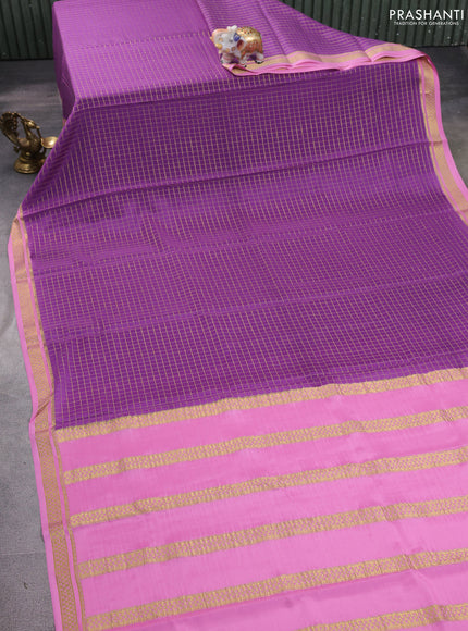 Pure mysore silk saree purple shade and light pink with allover zari woven checked pattern and zari woven border