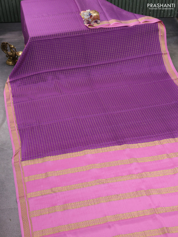 Pure mysore silk saree purple shade and light pink with allover zari woven checked pattern and zari woven border