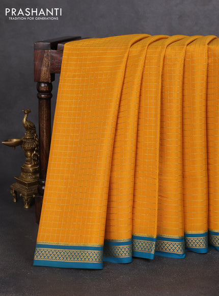 Pure mysore silk saree mustard yellow and peacock blue with allover zari woven checked pattern and zari woven border