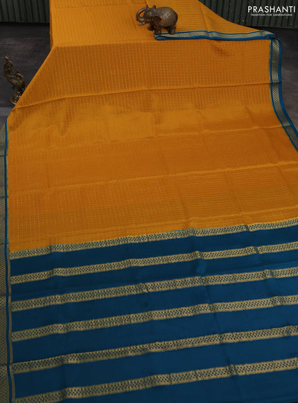 Pure mysore silk saree mustard yellow and peacock blue with allover zari woven checked pattern and zari woven border