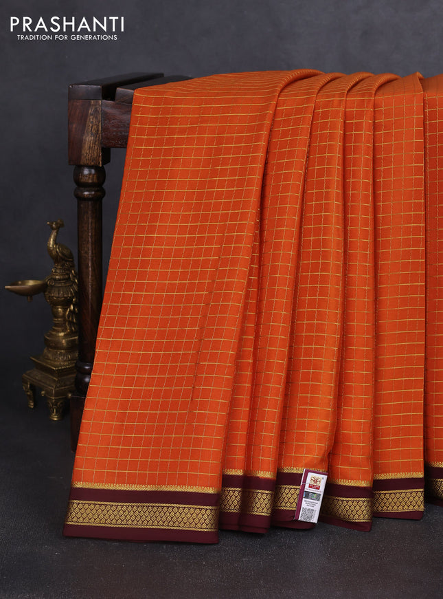 Pure mysore silk saree rustic orange and coffee brown with allover zari woven checked pattern and zari woven border
