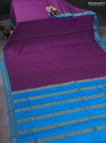 Pure mysore silk saree purple and cs blue with allover zari woven checked pattern and zari woven border