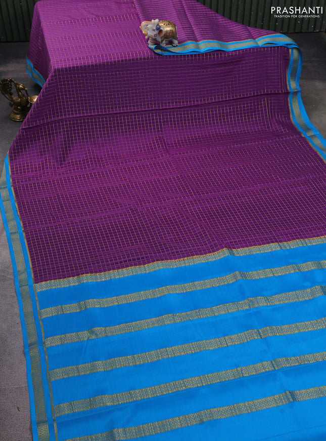 Pure mysore silk saree purple and cs blue with allover zari woven checked pattern and zari woven border