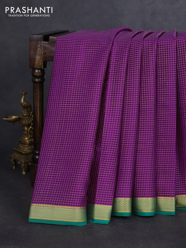 Pure mysore silk saree purple and teal green with allover small zari checked pattern and zari woven border