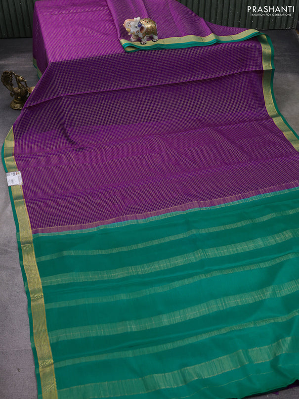 Pure mysore silk saree purple and teal green with allover small zari checked pattern and zari woven border