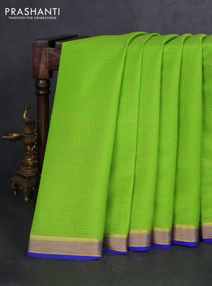 Pure mysore silk saree light green and blue with allover small zari checked pattern and zari woven border