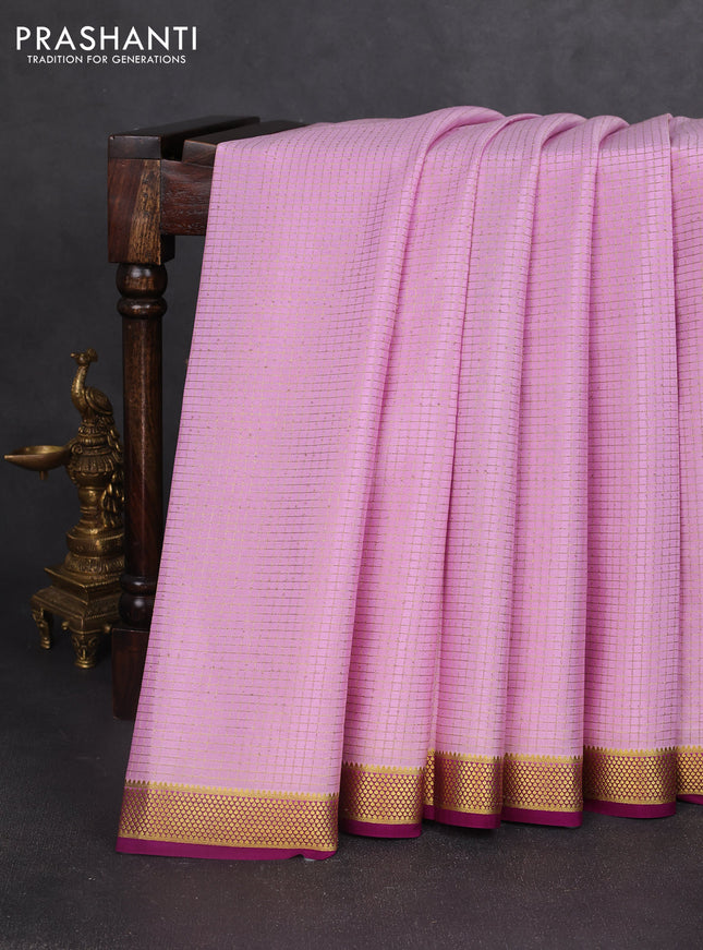 Pure mysore silk saree pastel pink and purple with allover small zari checked pattern and zari woven border