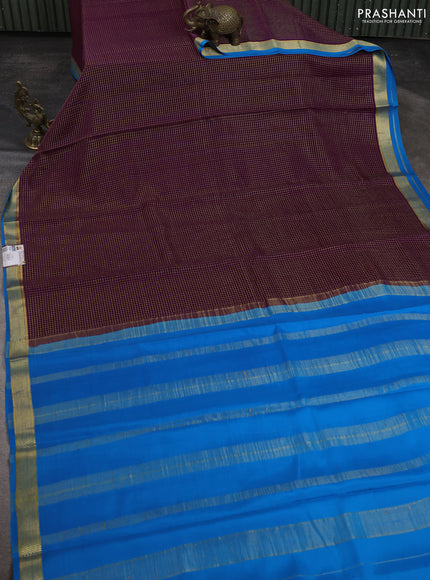 Pure mysore silk saree wine shade and cs blue with allover small zari checked pattern and zari woven border