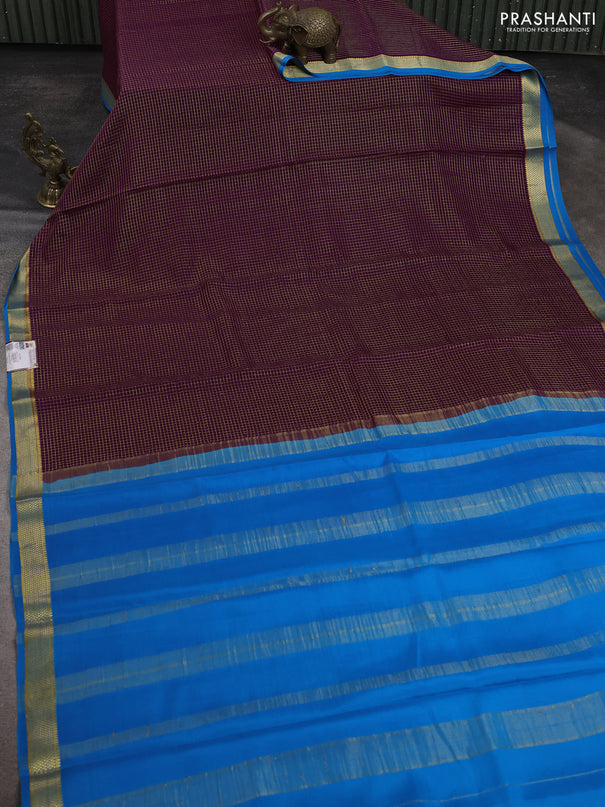 Pure mysore silk saree wine shade and cs blue with allover small zari checked pattern and zari woven border