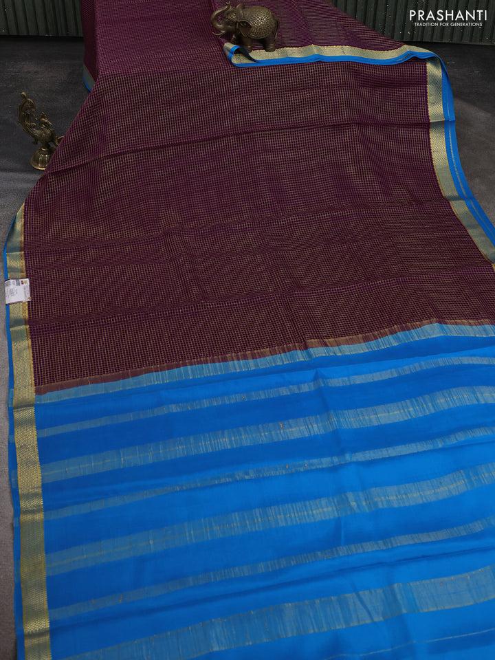 Pure mysore silk saree wine shade and cs blue with allover small zari checked pattern and zari woven border