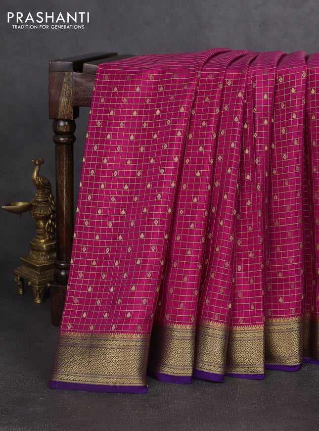 Pure mysore silk saree pink and violet with allover zari checks & buttas and zari woven border