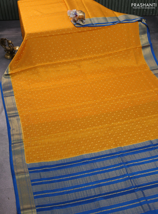 Pure mysore silk saree mango yellow and cs blue with allover zari checks & buttas and zari woven border