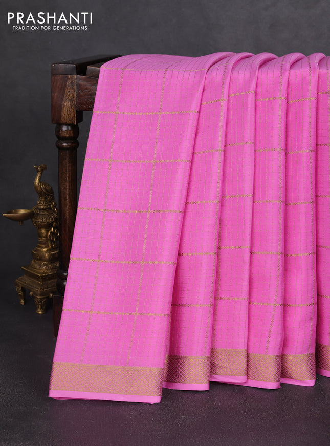 Pure mysore silk saree lotus pink with allover zari woven checked pattern and zari woven border