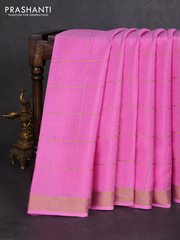 Pure mysore silk saree lotus pink with allover zari woven checked pattern and zari woven border