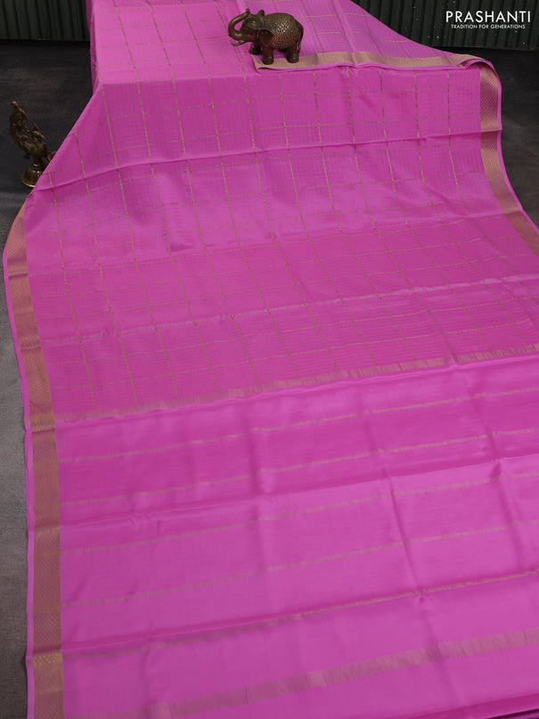 Pure mysore silk saree lotus pink with allover zari woven checked pattern and zari woven border