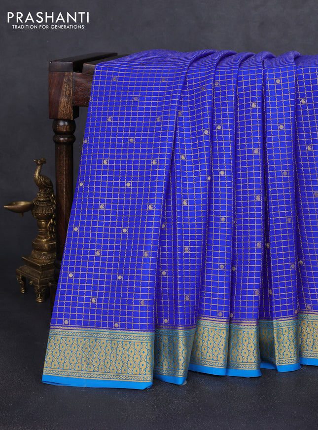 Pure mysore silk saree royal blue and teal blue with allover zari checks & buttas and zari woven border