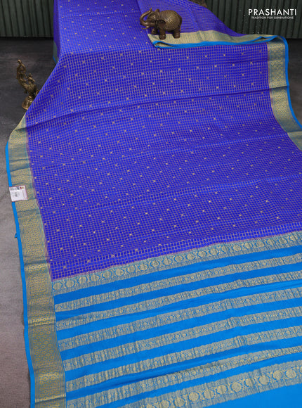 Pure mysore silk saree royal blue and teal blue with allover zari checks & buttas and zari woven border