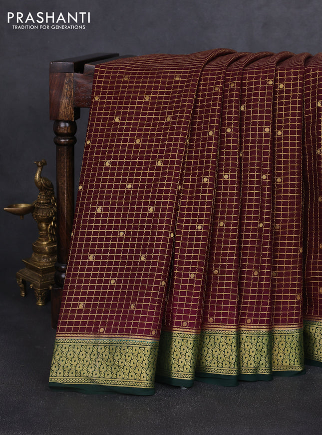 Pure mysore silk saree deep maroon and bottle green with allover zari checks & buttas and zari woven border