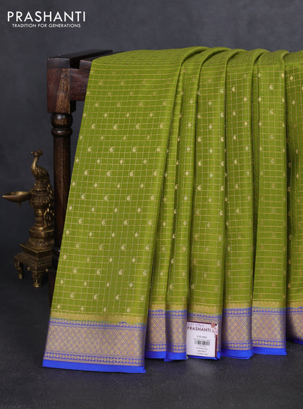 Pure mysore silk saree light green and royal blue with allover zari checks & buttas and zari woven border