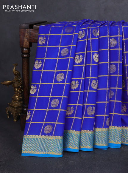 Pure mysore silk saree royal blue and teal blue with allover zari checks & buttas and zari woven border