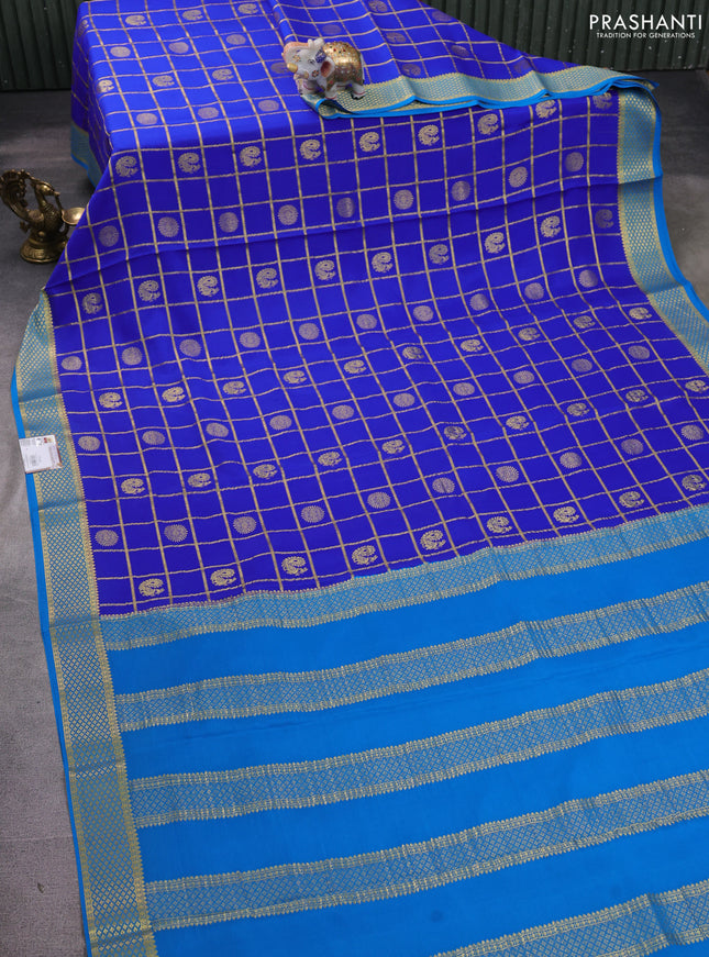 Pure mysore silk saree royal blue and teal blue with allover zari checks & buttas and zari woven border