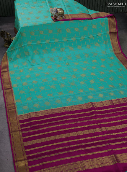 Pure mysore silk saree teal green and pink with allover zari checks & buttas and zari woven border