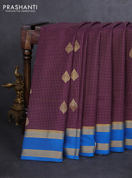Pure mysore silk saree deep violet and cs blue with allover zari checks & buttas and rettapet zari woven border