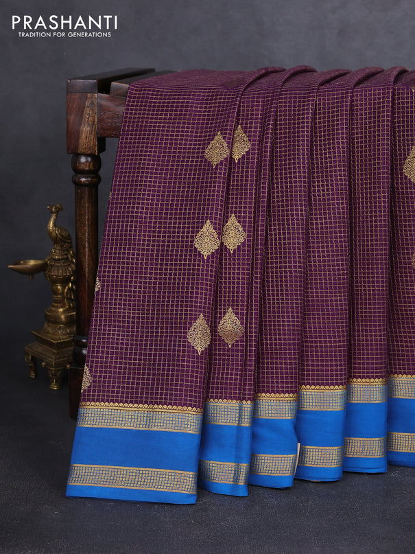 Pure mysore silk saree deep violet and cs blue with allover zari checks & buttas and rettapet zari woven border