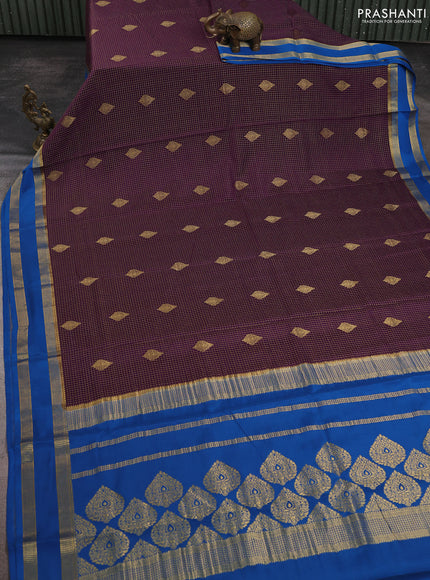 Pure mysore silk saree deep violet and cs blue with allover zari checks & buttas and rettapet zari woven border