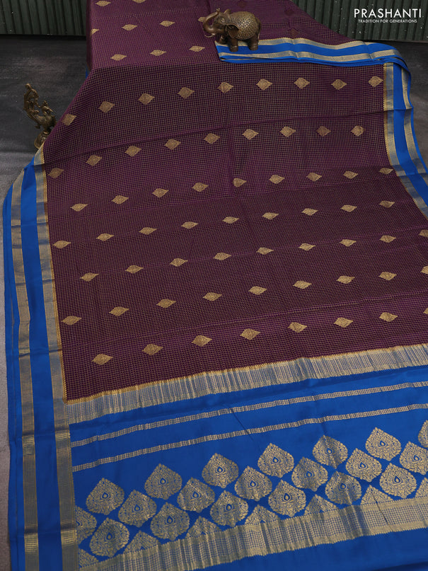 Pure mysore silk saree deep violet and cs blue with allover zari checks & buttas and rettapet zari woven border
