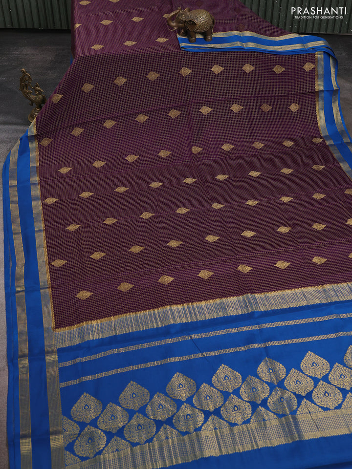 Pure mysore silk saree deep violet and cs blue with allover zari checks & buttas and rettapet zari woven border