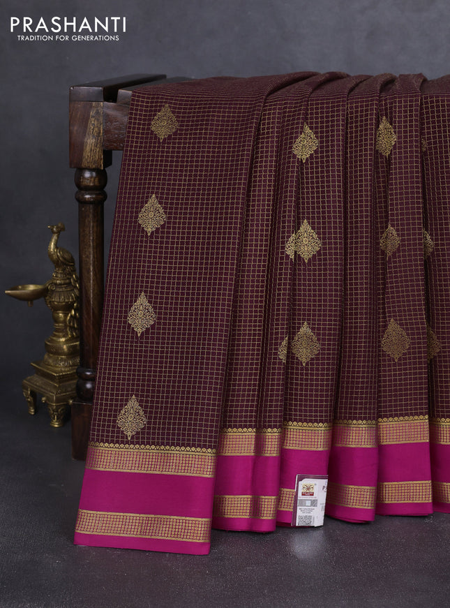 Pure mysore silk saree deep wine and magenta pink with allover zari checks & buttas and rettapet zari woven border