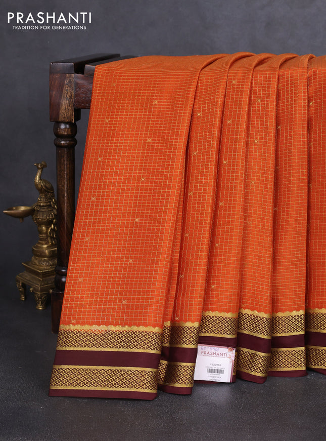 Pure mysore silk saree rust shade and coffee brown with allover zari checks & buttas and rettapet zari woven border