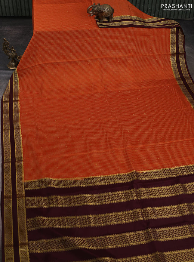 Pure mysore silk saree rust shade and coffee brown with allover zari checks & buttas and rettapet zari woven border