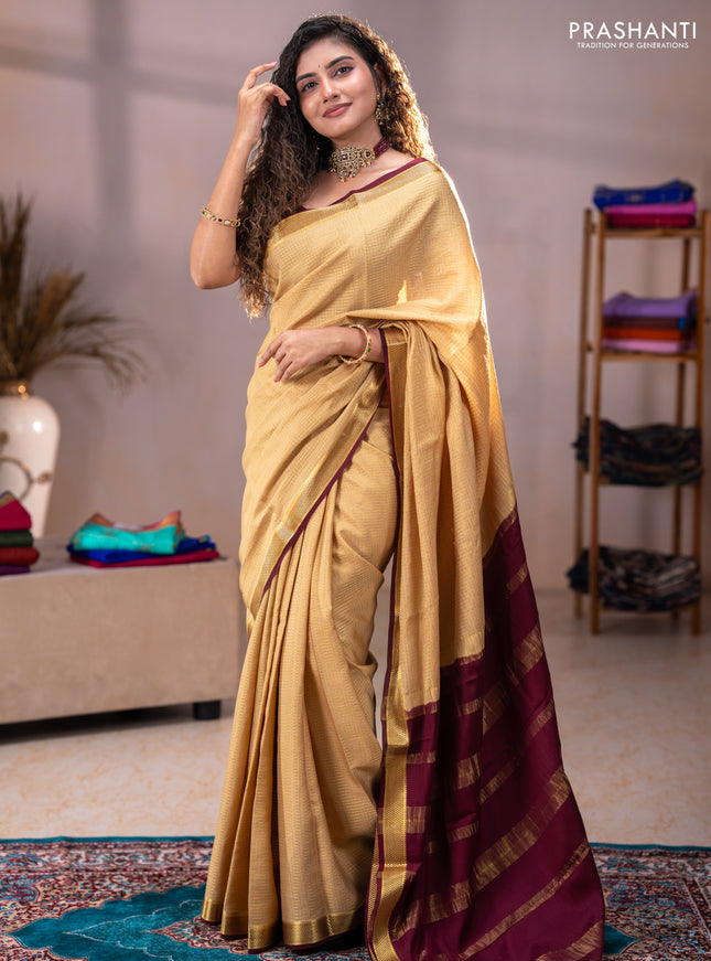 Pure mysore silk saree sandal and coffee brown with allover zari checks & buttas and rettapet zari woven border