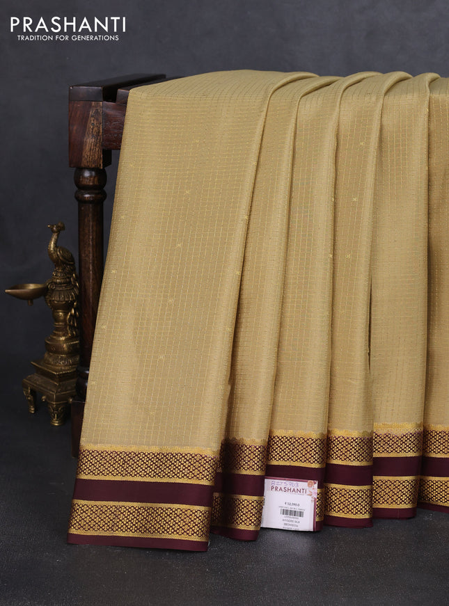 Pure mysore silk saree sandal and coffee brown with allover zari checks & buttas and rettapet zari woven border