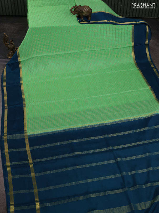 Pure mysore silk saree teal green and peacock green with allover zari checked pattern and rettapet zari woven border