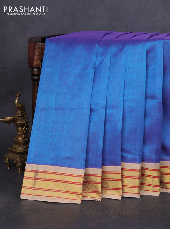 Silk cotton saree dual shade of blue and beige with plain body and zari woven korvai border